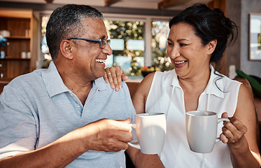 Image showing Coffee, toast and senior couple laughing in home, having fun and bonding. Love, tea cheers and smile of happy, retired and elderly man and woman drinking espresso and enjoying funny conversation.