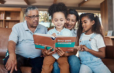 Image showing Children book, reading and grandparent helping kids with learning and education on sofa. House, living room and black family on a lounge couch with happiness and books together with love and support