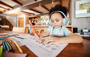 Image showing Art, headphones and child drawing a picture while listening to music, audio book or radio. Creative, artistic and young girl kid writing on paper for homework while streaming song, album or playlist.