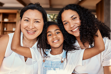 Image showing Generations, happy and relax with portrait of women at home for bonding, support and affectionate. Wellness, solidarity and peace with mother and daughter for care, weekend and family happiness