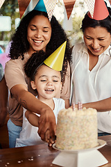 Image showing Birthday, party and cake for girl with mother and grandmother together for celebrating, bond and fun. Candle, event and child with parents and grandparent at table, happy and excited for celebration