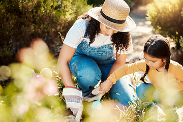 Image showing Love, mother and girl in garden, relax and happiness with bonding, loving and cheerful together. Family, mama and daughter outdoor, backyard and planting for growth, flowers and child development