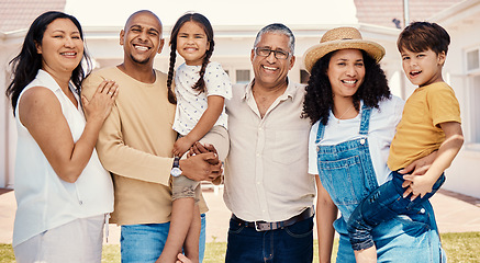 Image showing Portrait, black family or children with parents, grandparents and grandkids standing outside in the garden of a home. Kids, love or summer and grandkids in the backyard with their senior relatives