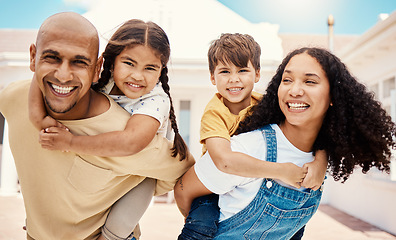 Image showing Portrait, happy family and piggyback outdoor at new house, real estate loan and building mortgage. Parents, kids and smile outdoor for property investment, moving home and excited for future security