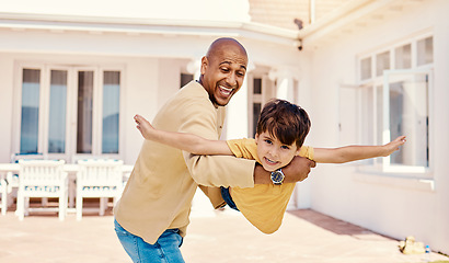 Image showing Playing, flying and portrait of a child with a father for freedom, imagination or bonding. Happy, play and carefree dad holding boy kid to pretend to fly, adventure and happiness together at home