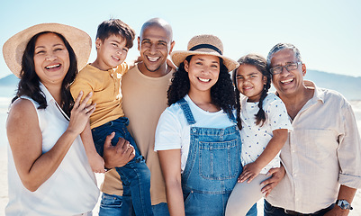 Image showing Portrait, beach and black family bonding outdoor in nature together on vacation during summer. Happy, smile or love with children, parents and grandparents on the coast or shore for a holiday