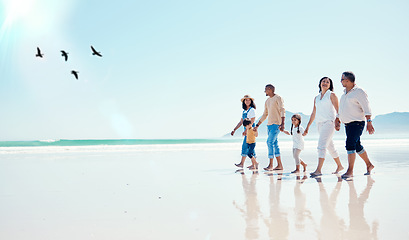 Image showing Black family, mockup or children walking on the beach with their parents and grandparents during summer vacation. Sky, love or kids with senior people and grandchildren taking a walk on the sand