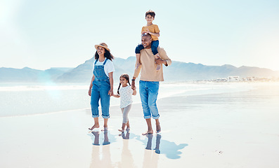 Image showing Love, family and walking on beach, summer vacation and quality time on break, relax and happiness. Mother, father and children on seaside holiday, mockup and smile with joy, adventure and journey