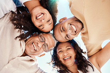Image showing Portrait, black family or huddle with senior parents and adult children standing in a circle together from below. Face, sky or love with a mature man and woman bonding with their son or daughter