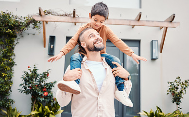 Image showing Love, father carry son and outdoor for quality time, garden and happiness for bonding, playful and relax. Family, dad or boy on shoulders, loving and care outside, break or carefree together or smile