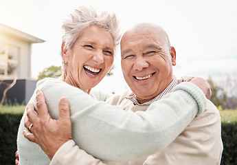 Image showing Portrait, love and senior coupe hug, outdoor and happiness for relationship, romance and anniversary. Face, happy mature man and old woman embrace, outside and romantic with smile, loving and bonding