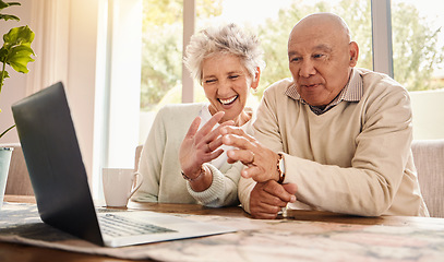 Image showing Laptop, video call and senior couple wave, talking to contact and laughing in home. Comic, technology and smile of happy retired man and woman with computer for virtual chat or online communication.