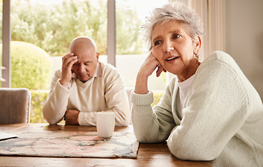 Image showing Senior couple, divorce and stress with fight, depression and breakup in living room, angry and financial crisis. Old man, mature woman or toxic relationship with anger, sad or mental health in lounge