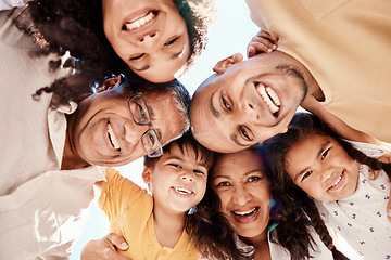 Image showing Happy, huddle and portrait of a family in nature for bonding, fun and playing in nature together. Love, support and parents, grandparents and children hugging for vacation, play and solidarity