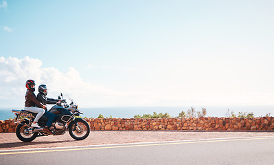 Image showing Motorcycle, mountain and couple on road for travel adventure, freedom and enjoying weekend together. Love, travelling mockup and man and woman ride on motorbike for holiday, vacation and journey