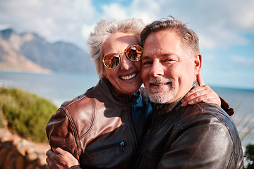 Image showing Travel, smile and portrait of senior couple enjoying holiday, adventure and vacation in countryside. Retirement, love and happy old man and woman in Italy for bonding, quality time and relax together