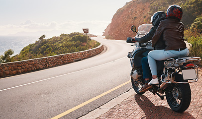 Image showing Motorcycle, travel and back of couple on road for adventure, freedom and enjoy weekend on mountain. Love, travelling mockup and man and woman ride on motorbike for holiday, vacation and journey