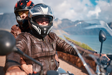 Image showing Motorcycle, travel and couple on road trip for adventure, freedom and enjoying weekend in retirement. Love, happiness and senior man and woman ride on motorbike for holiday, vacation and journey