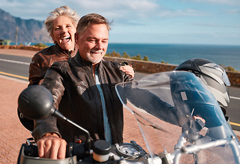 Image showing Travel, mountain and senior couple on motorcycle for adventure, freedom and road trip in retirement. Adrenaline, travelling and happy man and woman ride on motorbike for holiday, vacation and journey