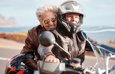 Image showing Travel, road trip and senior couple on motorcycle for adventure, freedom and enjoy weekend in retirement. Love, traveling and happy man and woman ride on motorbike for holiday, vacation and journey