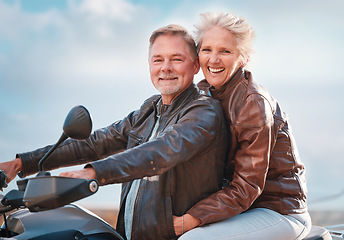 Image showing Travel, motorcycle and portrait of senior couple on road trip, adventure and enjoy freedom in retirement. Smile, traveling and happy man and woman ride on motorbike for holiday, vacation and journey