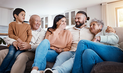 Image showing Relax, bonding and generations of family on sofa together, laughing and smiling in home or apartment. Men, women and children on couch, happy smile with grandparents, parents and kid in living room.