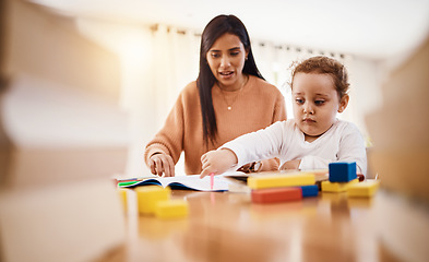 Image showing Learning, education and mother with kid drawing in book in home for studying, homework or homeschool. Family development, growth and creative baby boy, infant or toddler with mama teaching him art.