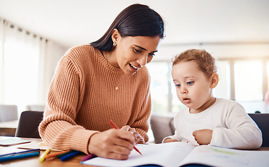 Image showing Learning, education and mother with kid drawing in book in home for studying, homework or homeschool. Early development, growth and creative boy with happy mama teaching him art, bonding and care.
