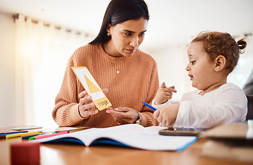 Image showing Learning, education triangle and mother with kid in home for studying, homework or homeschool. Early development, growth and boy or child with mama teaching him geometric shapes, bonding and care.