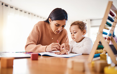 Image showing Education, learning and mother with child drawing in book in home for studying, homework or homeschool. Early development, growth and creative boy with mama teaching him art color, bonding and care.