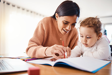 Image showing Learning, education and mother with child drawing in book in home for studying, homework or homeschool. Early development, growth and creative boy with happy mama teaching him art, bonding and care.