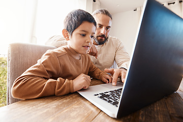 Image showing ELearning, education and father with kid on laptop in home for studying, homework or homeschool. Development, growth and boy or child with man teaching him on computer for learning and help online.