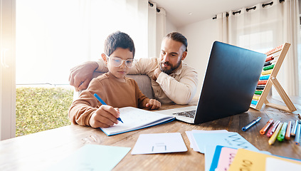 Image showing Learning, math education and father with kid in home with book for studying, homework or homeschool. Development, growth and boy with man teaching him how to count, numbers and elearning with laptop.