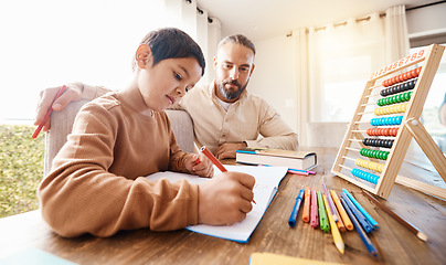 Image showing Learning, math education and father with child in home with book for studying, homework or homeschool. Development, growth and boy or kid with man teaching him how to count, numbers and writing.