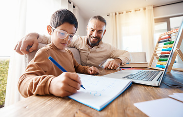 Image showing Math education, learning and father with child in home with book for studying, homework or homeschool. Development care, growth and boy or child with happy man teaching him how to count numbers.