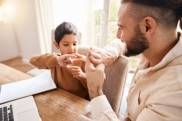 Image showing Learning, education and father with kid for sign language in home for homeschool. Development care, growth and deaf boy with hearing disability, bonding and happy man teaching him asl hand gestures.