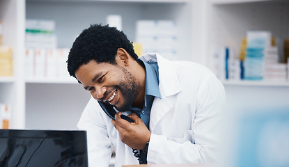 Image showing Pharmacist, black man or phone call for patient help, customer consulting or telehealth medicine research in drugstore. Smile, happy or talking pharmacy worker on telephone, computer or pills order