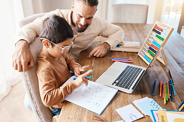 Image showing Learning, math education and father with kid in home with book for studying, homework or homeschool. Development, growth and boy or child with happy man teaching him how to count, bonding and care.