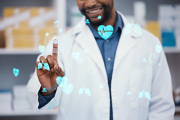 Image showing Pharmacist, hand or medical hologram for medicine research, planning or interactive consulting help. Smile, happy or black man finger in pharmacy abstract, 3d interactive software or healthcare trust