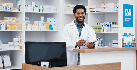 Image showing Pharmacist, portrait or black man writing on clipboard for medicine check, retail or medical prescription in drugstore. Smile, happy or pharmacy worker on paper documents for pills checklist or order