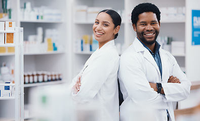 Image showing Pharmacists, people and arms crossed in portrait, medicine trust or about us healthcare in medical drugstore collaboration. Smile, happy and confident pharmacy teamwork in retail consulting or help