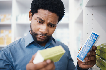 Image showing Confused, doubt or patient with medicine, pharmacy pills or medical stock questions for healthcare, wellness or treatment choice. Black man, customer or drugstore tablets for pharmaceutical anxiety