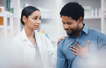 Image showing Pharmacist, woman or comforting sick patient in healthcare, wellness or medical trust help in life insurance, cardiology or anxiety. Pharmacy, worker or employee and ill customer in pain consulting