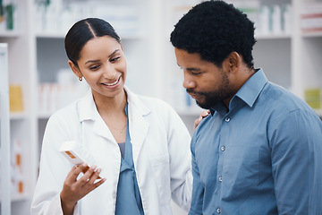 Image showing Pharmacy, medicine and pills, pharmacist and customer, health and prescription medication and people in drug store. Medical, pharmaceutical product box and black man with woman, advice and treatment