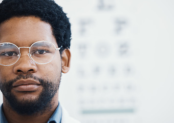 Image showing Black man, portrait or glasses for eyes care, healthcare wellness or optometry help in retail store or shop. Zoom, face or customer with eyecare, prescription designer lens or vision frame mock up