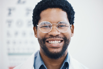 Image showing Optician, portrait or glasses for eyes care, healthcare wellness or optometry help in retail store or optometry shop. Zoom, happy or black man with eyecare, eyewear lens or prescription vision frame