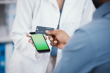 Image showing Pharmacist, credit card and phone green screen for payment, medicine purchase or medical finance for life insurance mockup. Zoom, patient and customer with banking technology, NFC or pharmacy woman