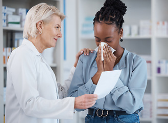 Image showing Pharmacy, help and prescription with black woman and blowing nose for medicine, sick and disease. Medical, healthcare and shopping with pharmacist and customer in store for drugs, wellness or order