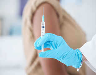 Image showing Doctor hands, injection and vaccine for woman in healthcare clinic, hospital and wellness services. Needle, medical nurse and covid medicine for patient safety, virus risk and safety of sick immunity