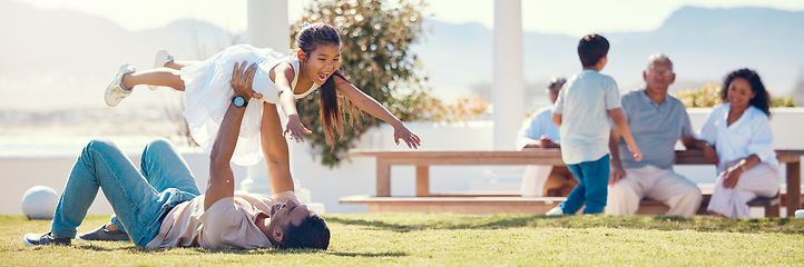 Image showing Relax, playful and father and daughter in garden for bonding, happiness and quality time. Freedom, holiday and support with family playing in backyard of home for weekend, childhood and affectionate